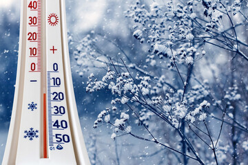 The thermometer on a background of snow-covered branches of plants shows a temperature of minus 15 degrees