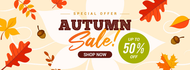 Autumn Sale  Banner Vector illustration. Autumn leaves floating in the wind, flat design