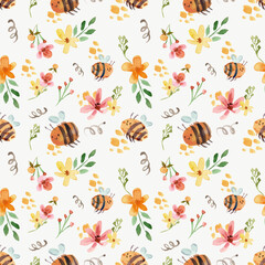 Cute Bees and Yellow Florals Watercolor Seamless Pattern