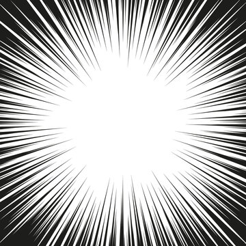 Abstract comic book flash explosion radial lines background. Vector illustration for superhero design. Bright black white light strip burst. Flash ray blast glow. Manga cartoon hero fight print stamp