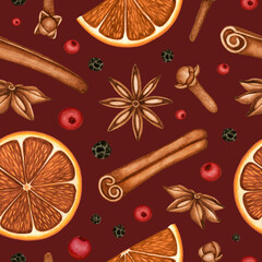 Fototapeta na wymiar Christmas hot mulled wine spices watercolor seamless pattern. Dried orange slice, clove buds, anise star, cinnamon stick. Hand drawn background for design print, textile, wrapping paper, greeting card