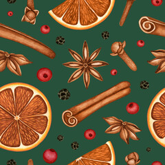 Christmas hot mulled wine spices watercolor seamless pattern. Dried orange slice, clove buds, anise star, cinnamon stick. Hand drawn background for design print, textile, wrapping paper, greeting card