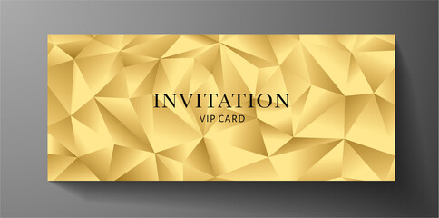 Luxurious VIP Invitation template with gold polygon background, geometric poly pattern (golden triangle shape texture). Premium class design template useful for Gift certificate, Voucher, Gift card  (