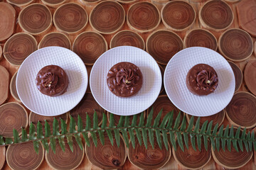 Fototapeta na wymiar chocolate desserts filled with caramel, nuts and nougat. brownies covered with chocolate on a wooden background. Breakfast. morning natural light.