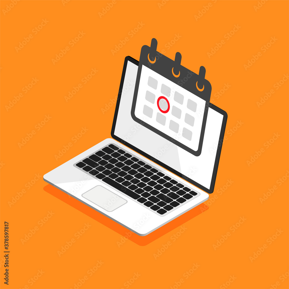 Aufkleber isometric laptop with calendar and highlighted date on it. event or deadline concept. vector illustr