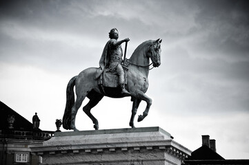 COPENHAGEN, DENMARK: Bronze equestrian statue of King Frederick V in Amalienborg square in...