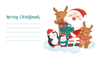 Christmas postcard with cute Santa clause and friends for greeting card , new year card .