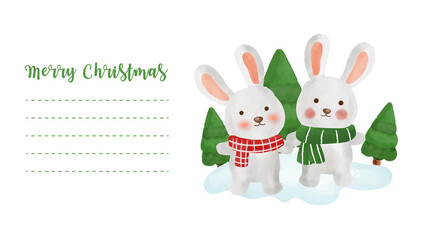 Christmas postcard with cute rabbits for greeting card , new year card .