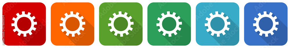 Aufkleber gear, cogwheel icon set, flat design vector illustration in 6 colors options for webdesign and mobil