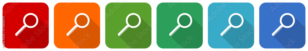 Aufkleber search icon set, flat design vector illustration in 6 colors options for webdesign and mobile applic