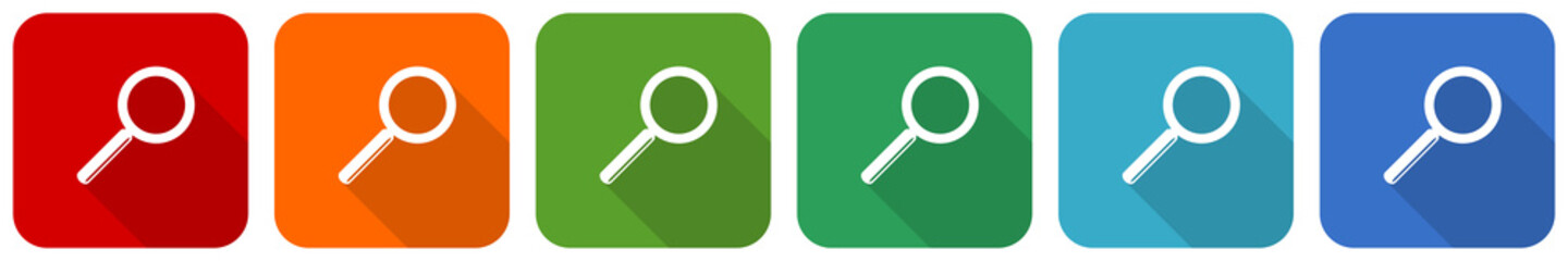 Search icon set, flat design vector illustration in 6 colors options for webdesign and mobile applications
