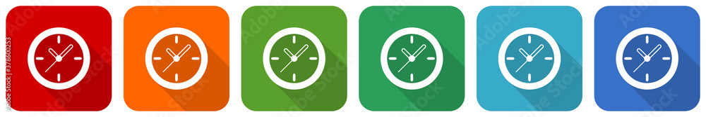 Aufkleber time, clock, watch icon set, flat design vector illustration in 6 colors options for webdesign and m