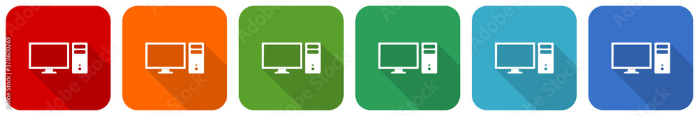 Poster Computer, monitor, screen, pc icon set, flat design vector illustration in 6 colors options for webdesign and mobile applications