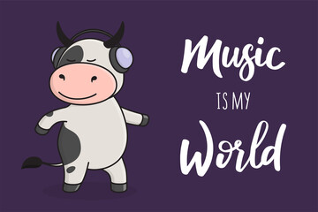 Cute greeting card with a bull, cow or ox, the symbol of 2021 in the Chinese or Eastern calendar. Vector stock flat illustration.