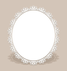 Oval frame with lace border pattern, cutout paper decoration, ornate doily, elegant wedding invitation card design. Place for text.