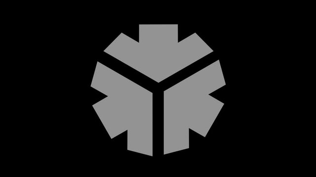 Graphic object in the shape of linked arrows, in black and white with a stroboscopic and hypnotic effect, which rotates clockwise, decreasing the dimensions that disappear in the center.