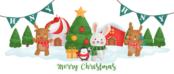 Christmas day banner with  a cute rabbit and friends in the snow village.