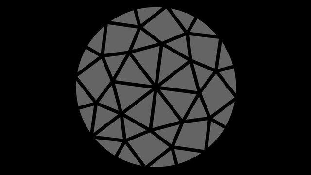Disc-shaped graphic object with internal shapes, in black and white with a stroboscopic and hypnotic effect, which rotates clockwise, decreasing the dimensions that disappear in the center.