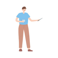 young man with smartphone in hand isolated design white background