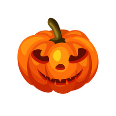 Halloween pumpkin with a cut-out grimace isolated on white background. Happy Halloween concept or template. Autumn holidays. Vector Illustration.	