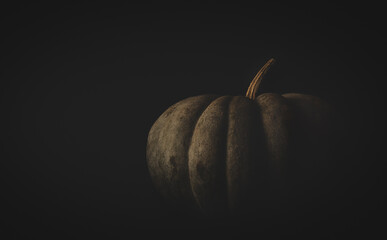 pumpkin in moody style, soft light with shadow on black background, mystical and dramatic scene, ideal for graphic backgrounds with text space - 378602249