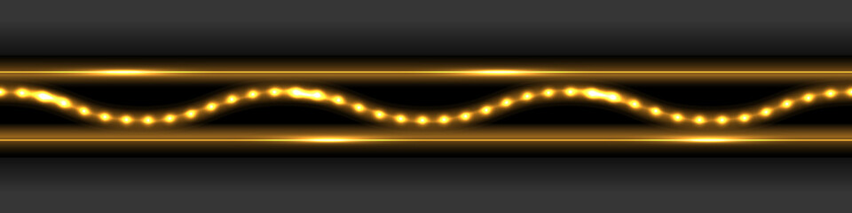 Golden glowing border with neon light effect. Shiny lines and LED wave with glare and shimmer. Gold trace on dark background, design element for decor. Abstract vector illustration