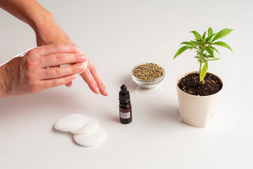 Dropper with CBD oil, marijuana plant and hemp seeds