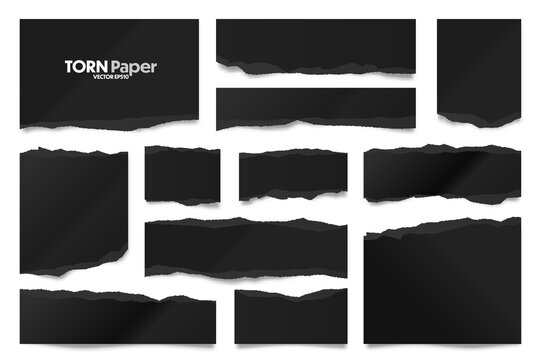 Ripped black paper strips. Realistic crumpled paper scraps with torn edges. Shreds of notebook pages. Vector illustration.