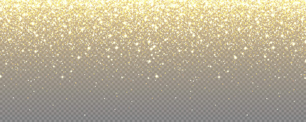 Sparkling Golden Glitter on Transparent Vector Background. Falling Shiny Confetti with Gold Shards. Shining Light Effect for Christmas or New Year Greeting Card.