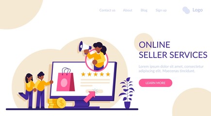 Online seller services. Online shopping concept. Marketing and Digital marketing. Flat People Characters Shop. Modern flat illustration.