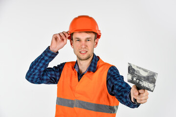 Plasterer in working uniform plastering tool putty knife, new home concept