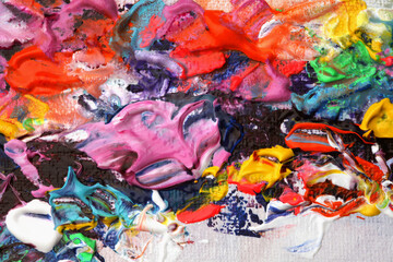 Abstract acrylic and oil smear blot painting. Color horizontal texture canvas background.