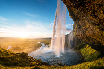 Seljalandfoss waterfall in sunset time, Iceland