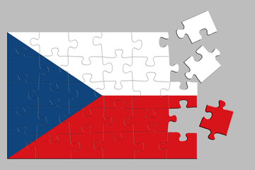 A jigsaw puzzle with a print of the flag of Czech, some pieces of the puzzle are scattered or disconnected. Isolated background. 3d illustration