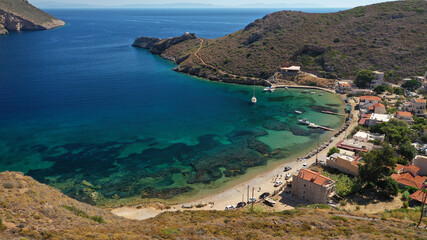 Naklejka premium Aerial drone photo of seaside picturesque village of Porto Kagio in the southmost part of Mani peninsula, Peloponnese, Lakonia, Greece