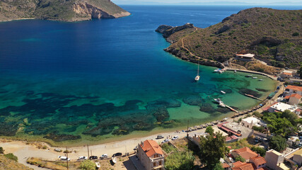 Obraz premium Aerial drone photo of seaside picturesque village of Porto Kagio in the southmost part of Mani peninsula, Peloponnese, Lakonia, Greece