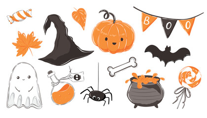 Halloween set of illustrations, isolated on white background. Cute clipart