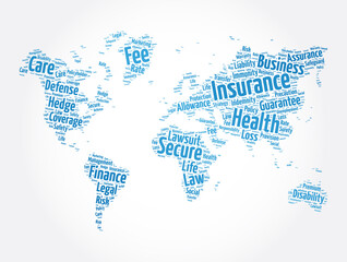 Fototapeta na wymiar Insurance word cloud in shape of world map, concept background