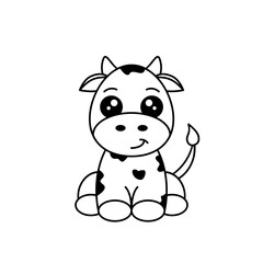 Cute black and white cow. Funny animal cartoon character. Cow sitting and smiling. Baby cow with black spots. Childish calf drawing with outline. White background. Vector illustration, flat, clip art