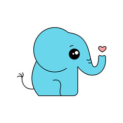 Cute blue elephant side view. Funny animal cartoon character. Elephant sitting. Kawaii. Baby elephant with heart. Childish drawing with outline. White background. Vector illustration, flat, clip art