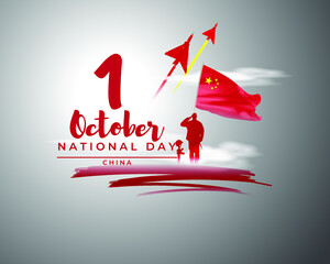 Vector illustration of China national day, 1st october, china flag, soldier with rifle and helmet and airforce craft.