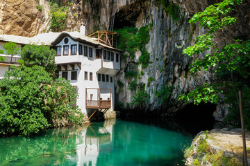 Dervish House or Blagaj Tekija. The building is a Dervish monastery outside Mostar city and nearly...