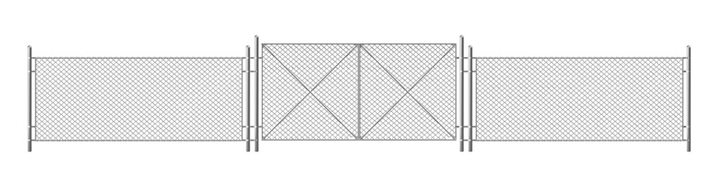 Wire fence, grid with gate. Three segments silver colored fencing, perimeter protection barrier separated with metal steel poles, rabitz isolated on white background. Realistic 3d vector illustration - obrazy, fototapety, plakaty
