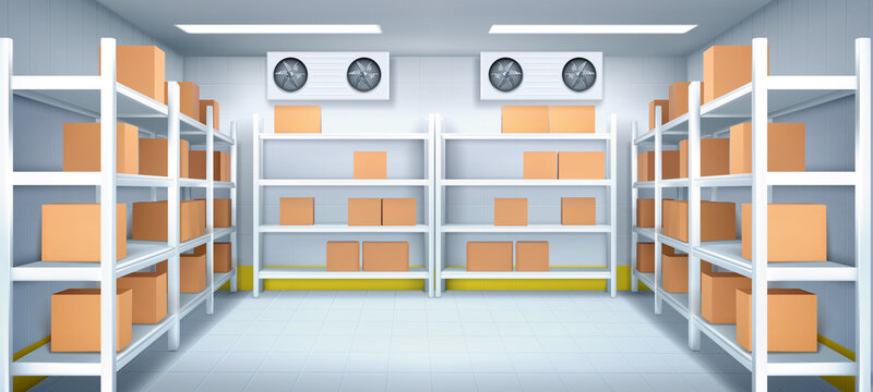 Warehouse interior with boxes on racks, ventilation and illumination. Logistics, cargo, parcel storage postal service. Inner view of storehouse with goods on shelves. Realistic 3d vector illustration