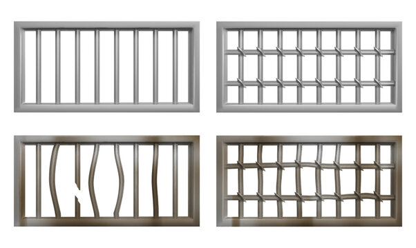 Prison window with metal bars and grate. Vector realistic set of window grid of steel rods in jail cage. Old rusty and broken grilles for prison cell isolated on white background