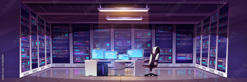 Poster data center room with server hardware, chair and desk with computer monitors. vector cartoon interio