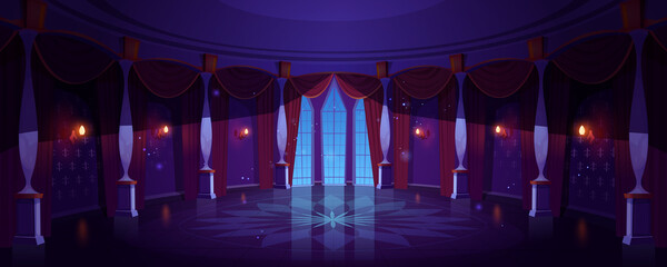 Castle ballroom, night empty palace hall interior with glowing lamps, floor-to-ceiling window and curtains. Room with marble pillars and tiled floor, antique architecture. Cartoon vector Illustration - obrazy, fototapety, plakaty
