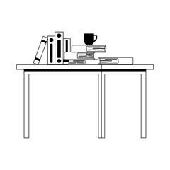 workspace office table with many books and coffee cup isolated design white background line style