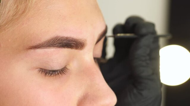 Trendy eyebrows coloring. Professional styling, correction and lamination procedures of female eyebrows in beauty salon. Closeup view of client face and stylist's hands working in black gloves.
