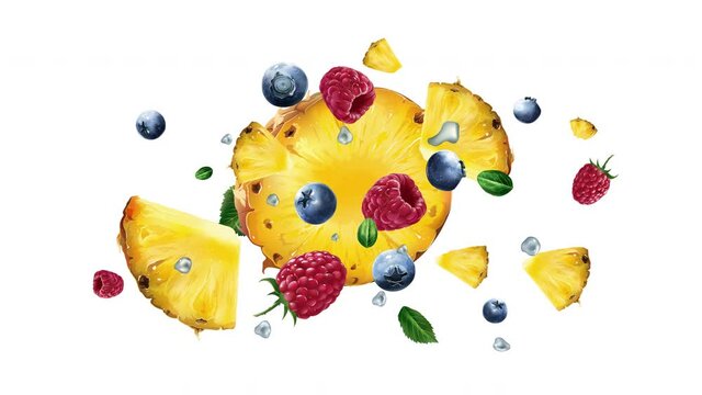 Pineapple, raspberry and blueberry on the alpha channel.